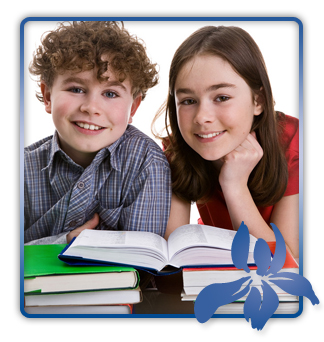 stock photo young brother and sister sitting with books